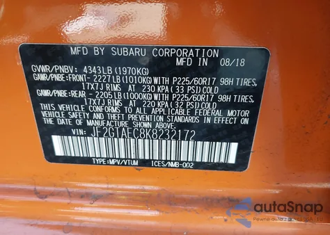 2019 Subaru Crosstrek 2.0I Premium z USA, uszkodzony, nr VIN JF2GTAEC8K8232172